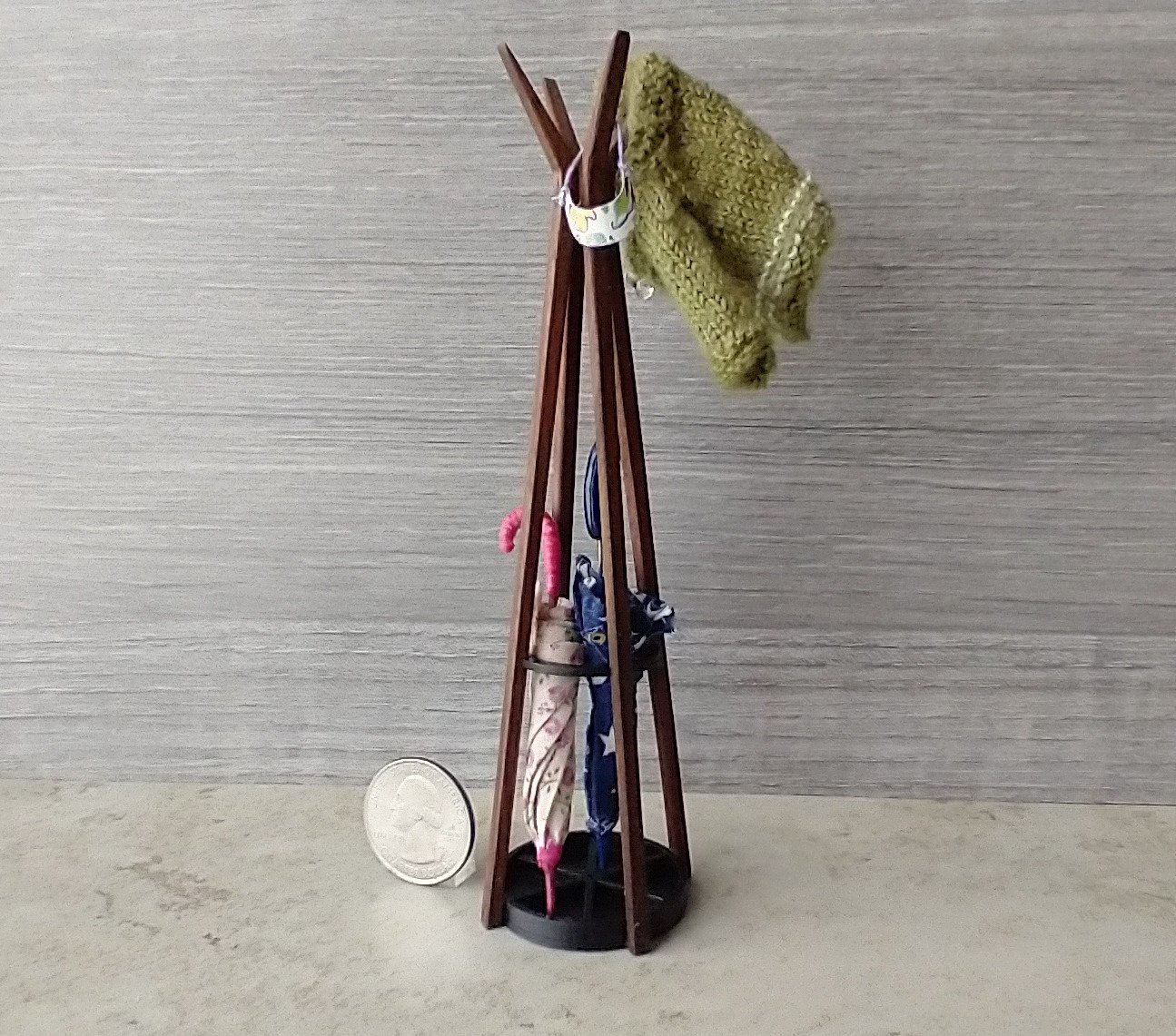 1:12 scale miniature mid-century modern walnut coat rack with umbrella stand MCM style coat rack with umbrella holder REF Walnut