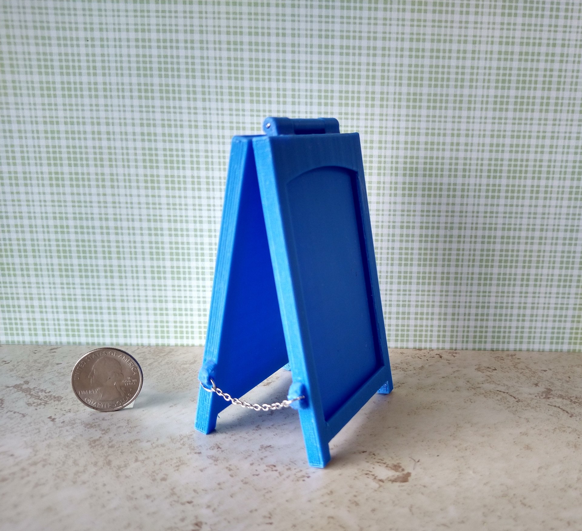 1:12 scale miniature sidewalk sign holder, 2-sided for changeable sinage Hinged and fold-flat for storage REF Credit card size - Blue