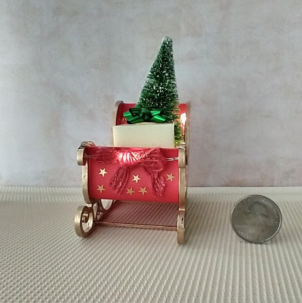 Miniature light up Santa sleigh holiday decor Battery lighted Christmas sleigh with tree and gift box for 1-inch or play scale REF Acrylic star cutouts