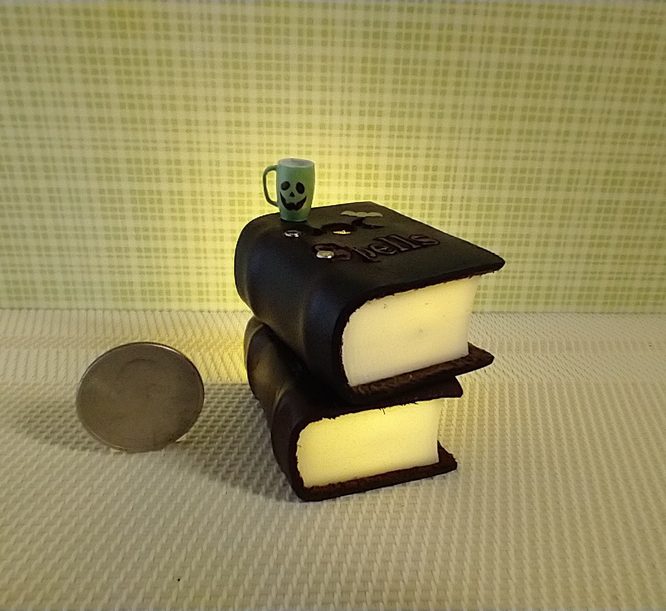 Mini leather bound book of spells Battery lighted Halloween spell book Halloween decor REF Thick brown leather