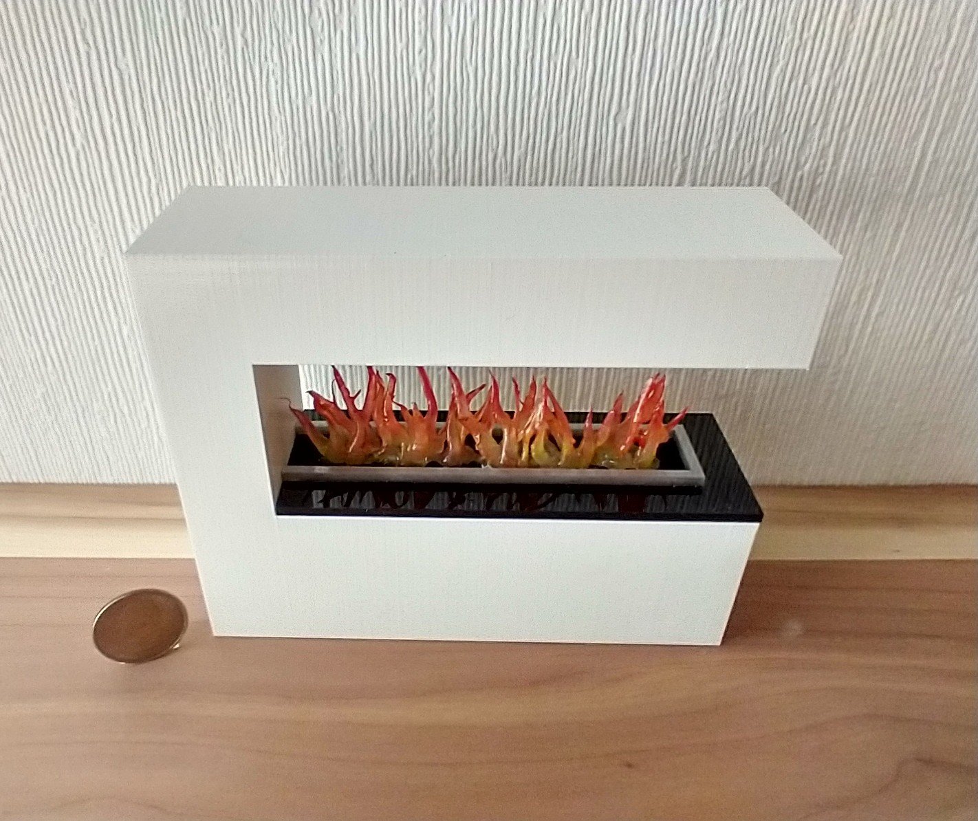 1:12 Dollhouse modern fireplace in white also as a room divider with battery operated flickering insert on two AAA batteries