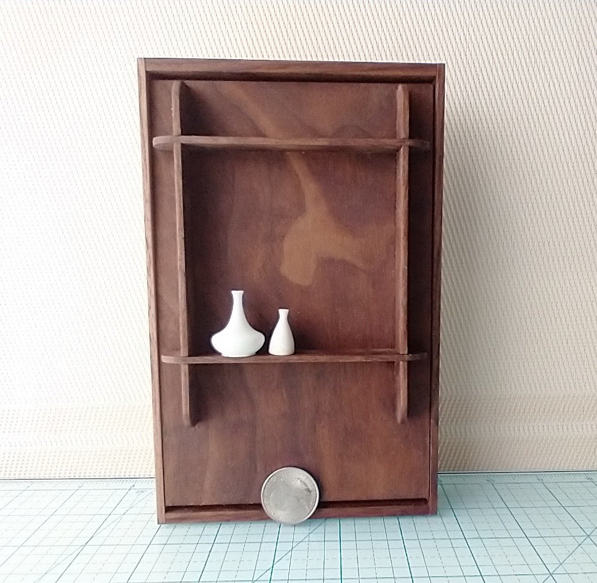 1:12 Dollhouse miniature Murphy bed in solid walnut with mid-century styled headboard Full/double fold-down bed Wall bed with front shelving Accesssories NOT included