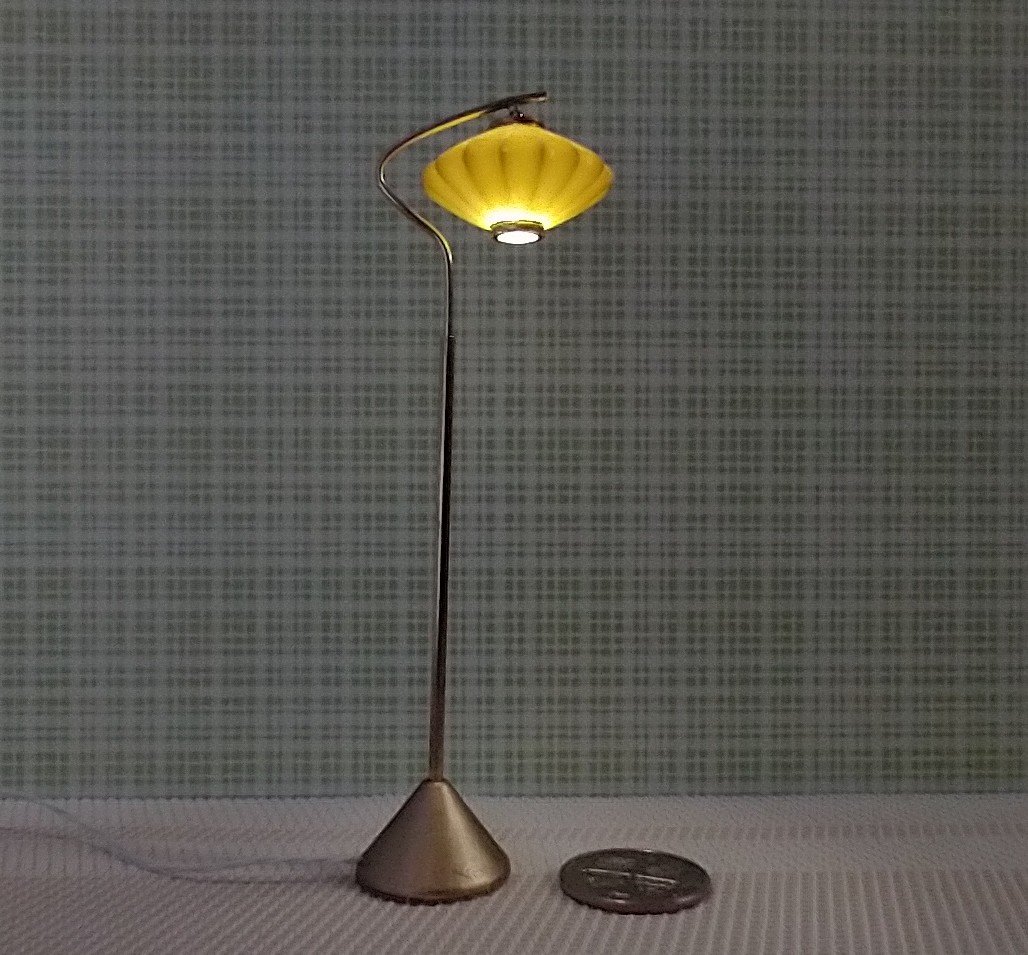1:12 scale dollhouse mid-century style  cocoon floor lamp Inspired by a vintage Scandinavian design of the 50s Battery operated MCM lamp with external wires REF Curved post