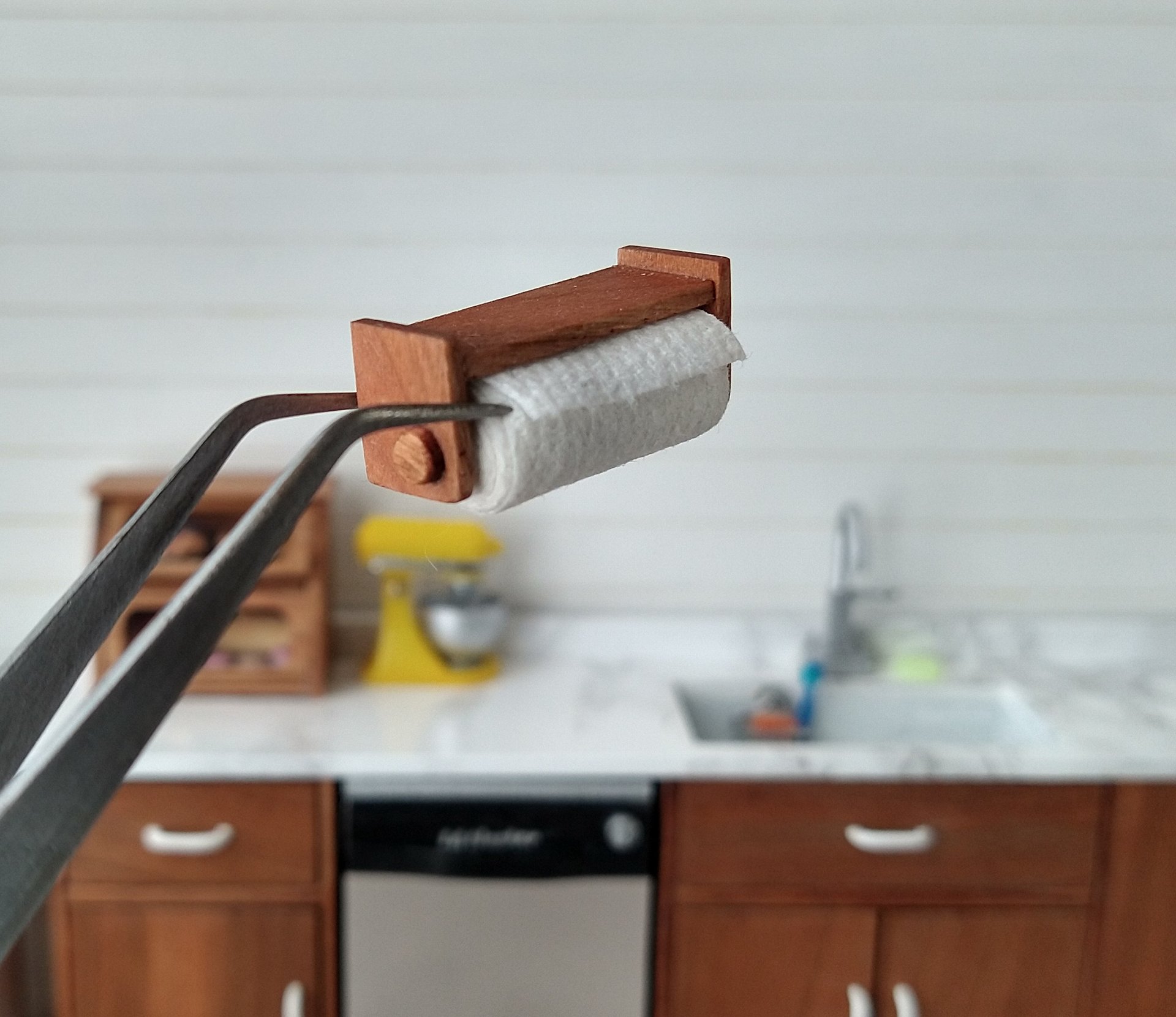 1:12 Dollhouse wall-mounted or under cabinet paper towel holder with shelf in solid cherry wood