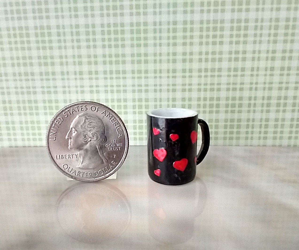 Play scale 1:6 or Barbie dollhouse black coffee mug with vinyl decals for 12-inch dolls REF Yellow texts