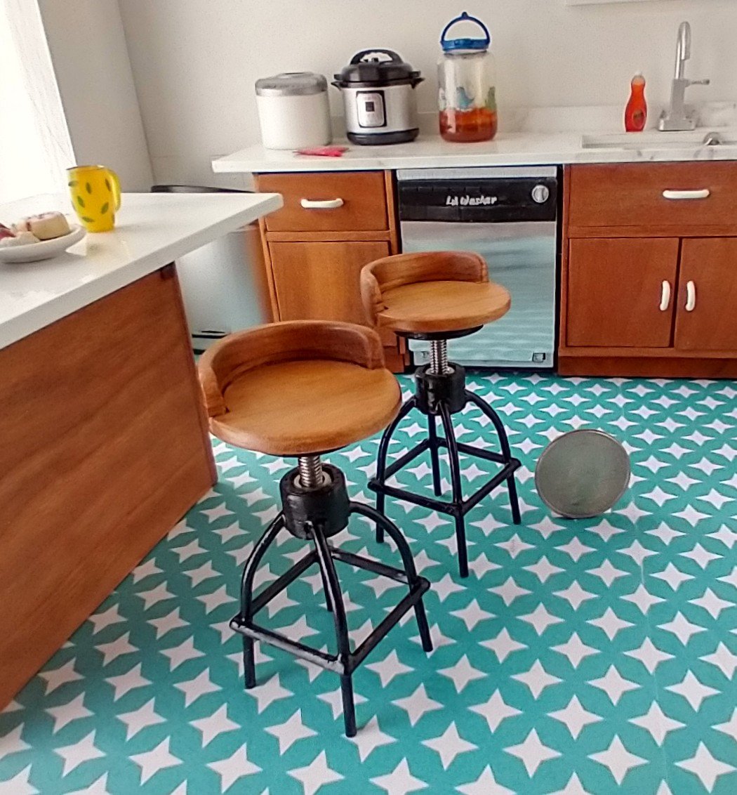 1:12 scale set of two barstools with low back cherry seat and brass legs Industrial style with adjustable seat height