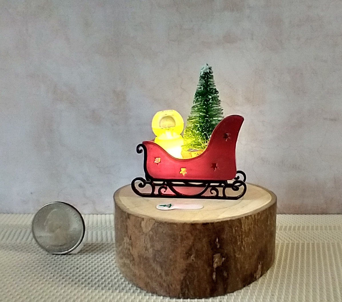 Miniature light up Santa sleigh holiday decor Battery lighted Christmas sleigh for 1-inch or half-inch scale REF Red sleigh deers decal
