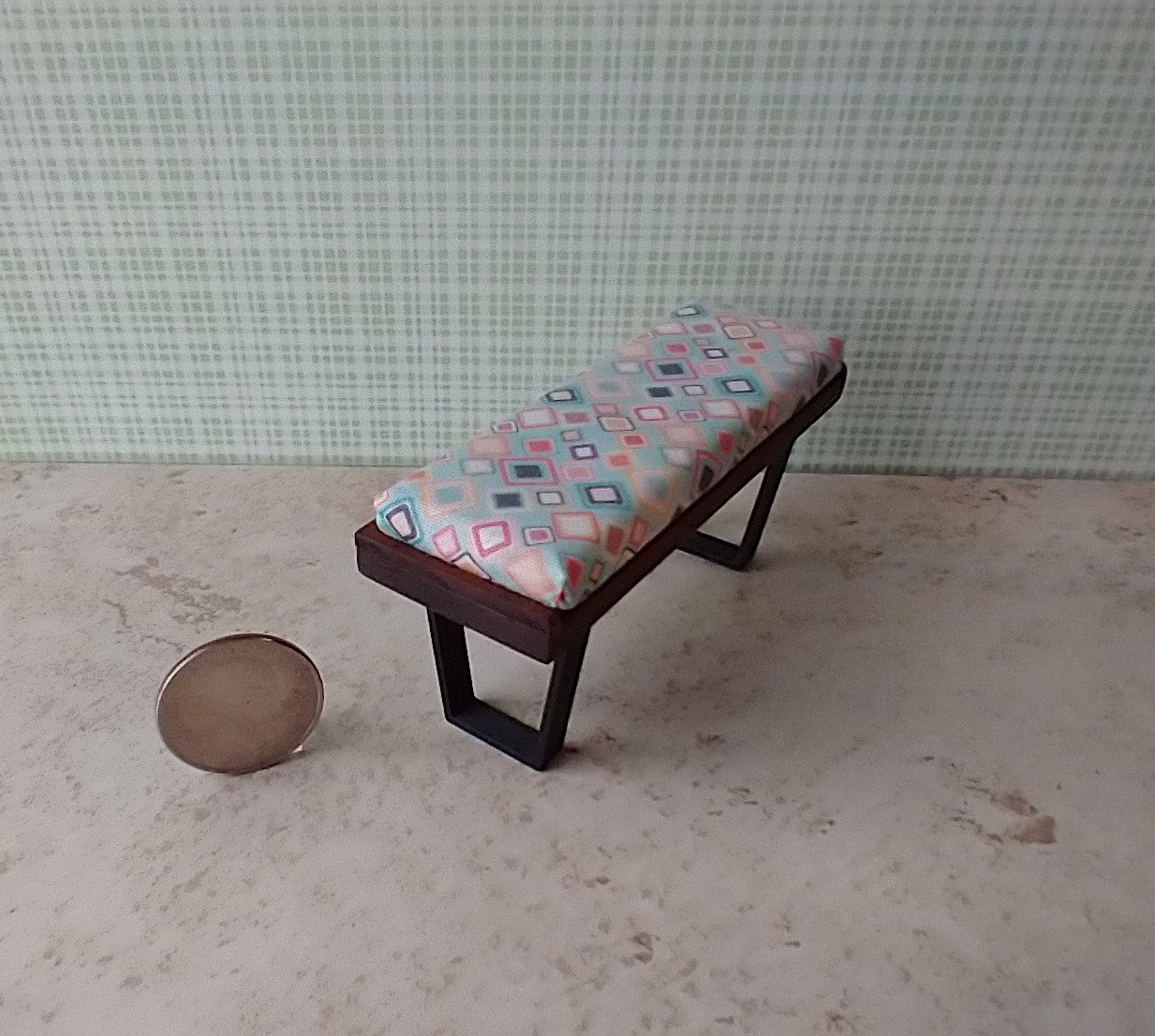 1:12 scale miniature mid-century modern bench with removable cushion REF Walnut