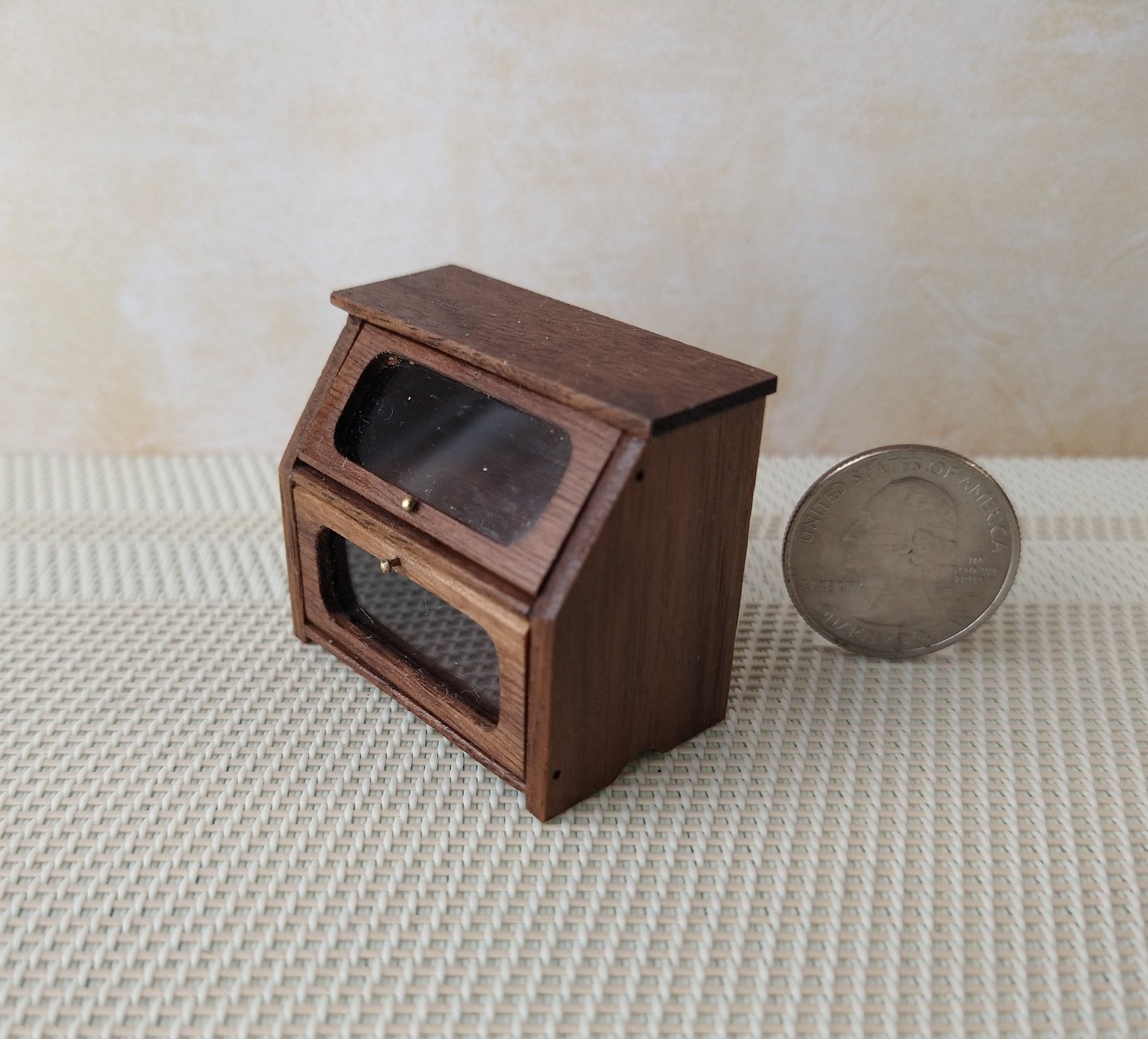 1:12 Dollhouse 2-tier bread box or goodies box with hinged doors and clear windows in solid walnut