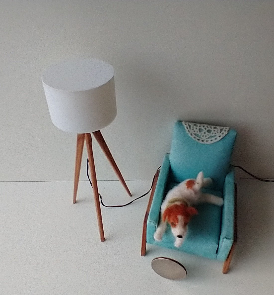 RESERVED for Robin 1:12 Dollhouse miniature tripod floor lamp cherry wood legs Modern tripod lamp Battery operated floor lamp with external wires