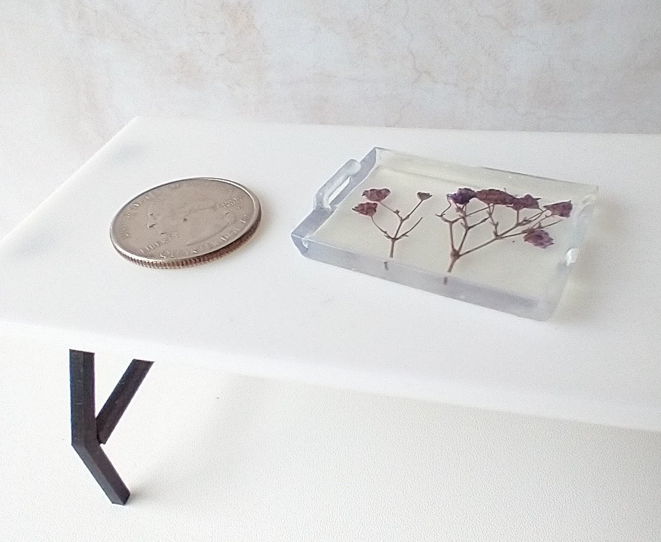 1:12 scale rectangular serving tray with pressed purple flowers Faux lucite tray with handles