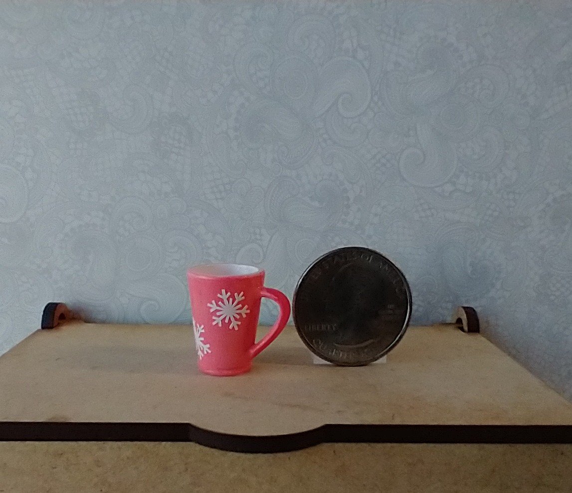 Play scale 1:6 or Barbie winter themed mug for 12-inch dolls REF Pink with white snowflakes