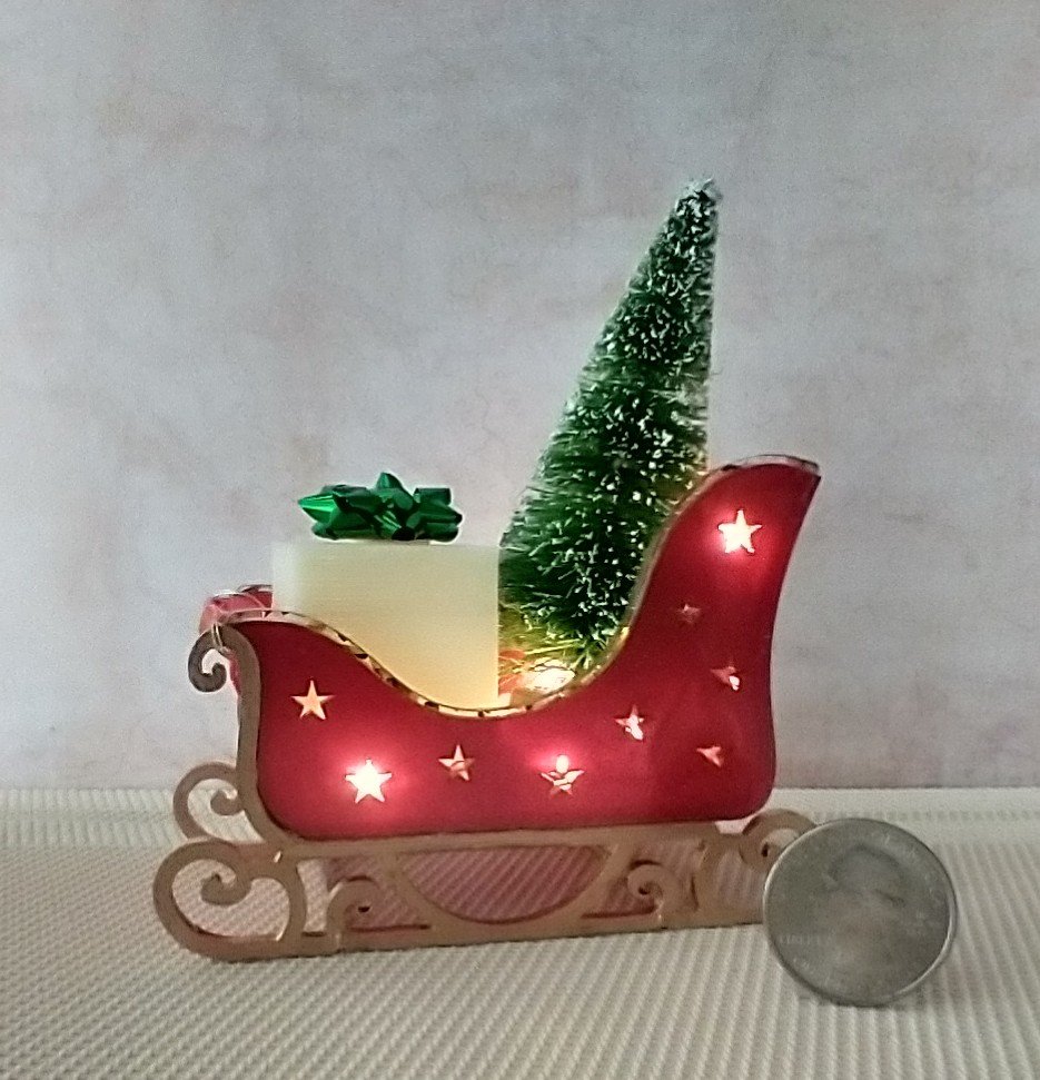 Miniature light up Santa sleigh holiday decor Battery lighted Christmas sleigh with tree and gift box for 1-inch or play scale REF Acrylic star cutouts