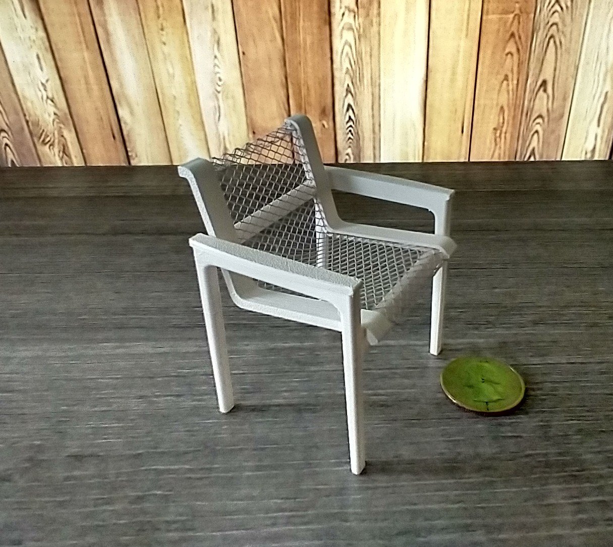 1:12 scale dollhouse patio dining chair with armrests and metal mesh inspired by Richard Schultz's MCM aluminum outdoor dining chair (Knoll collection) Price is for EACH