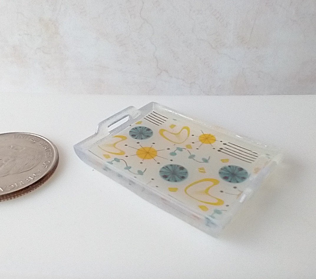 1:12 scale rectangular serving tray with MCM atomic themed graphics and two handles REF Yellow starburst