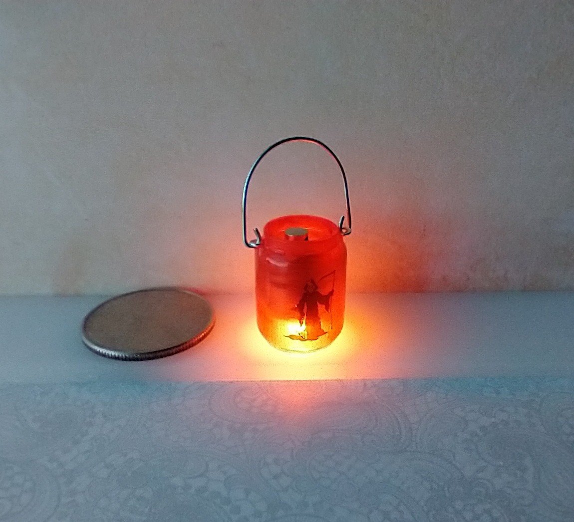 1:12 Dollhouse Halloween Mason jar inspired light DIY styled Halloween deep red jar light with Reaper REF Reaper n deep red