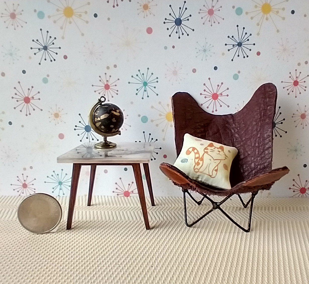 1:12 scale dollhouse mid-century style end table with faux marble top splayed legs in solid walnut MCM side table with square top