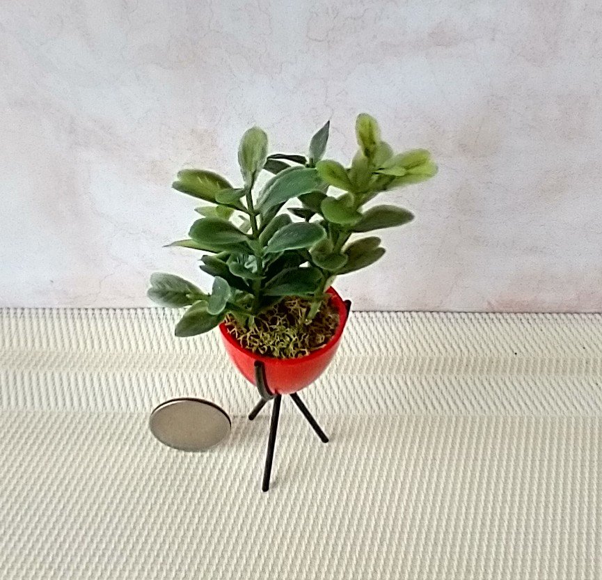 1:12 Dollhouse MCM style atomic bullet planter Miniature modern planter with tripod legs REF Tall red