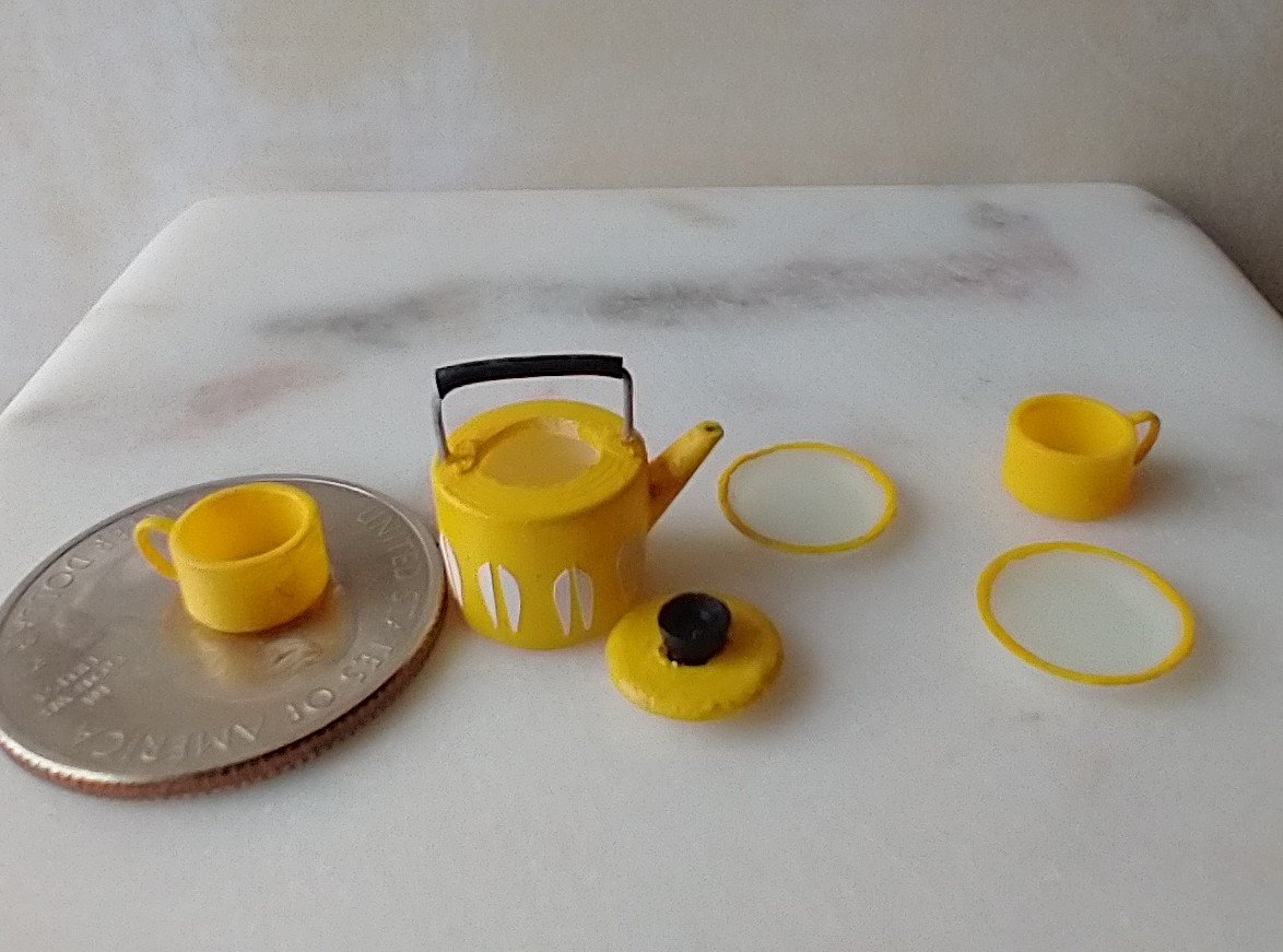 1:12 Dollhouse yellow teapot and cups set Mid-century modern themed tea set of the 70s MCM teapot set