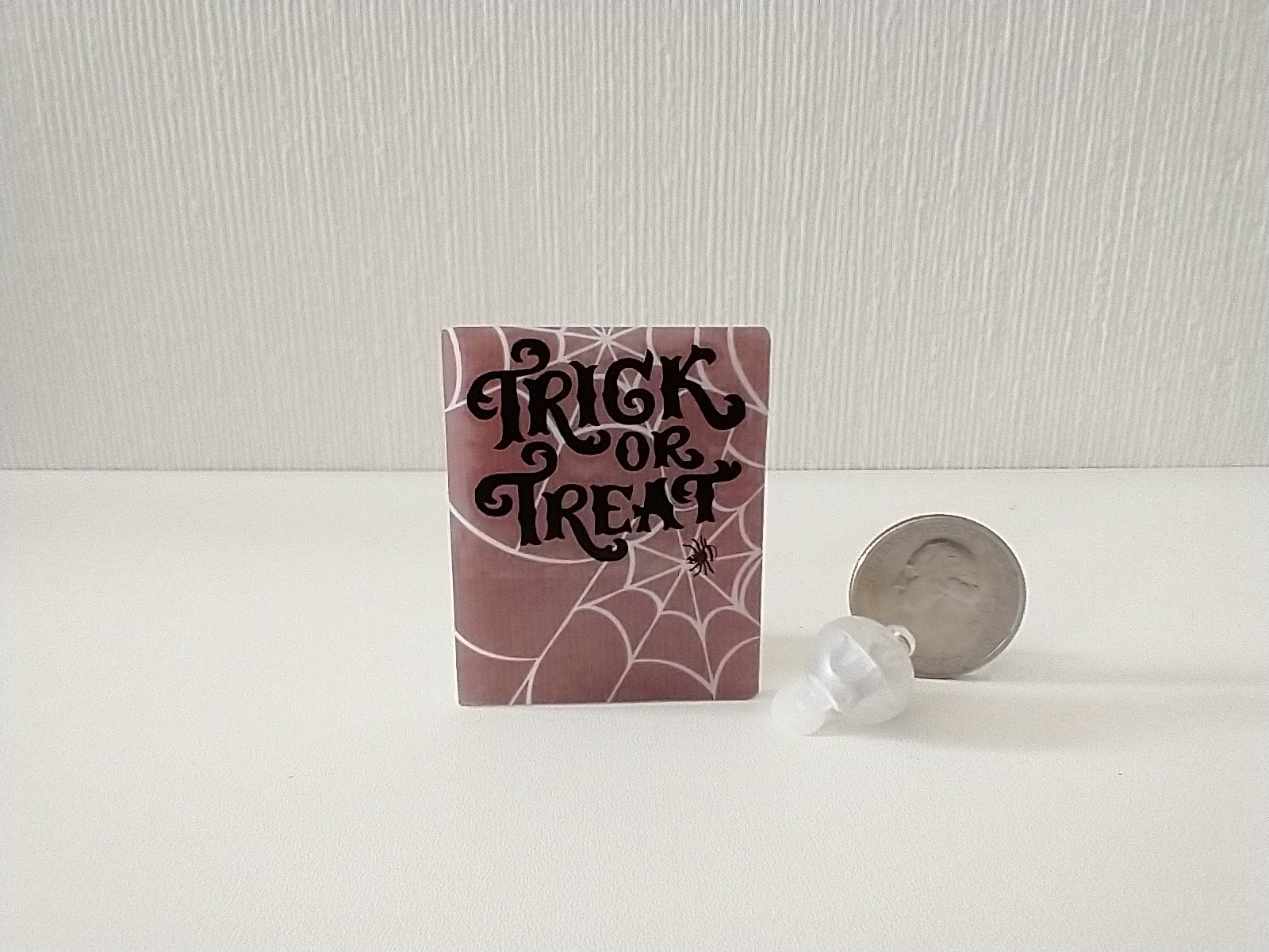 Miniature Halloween trick or treat sign with back lit candle (battery operated) for 12th or 6th scale scenes REF Spider web