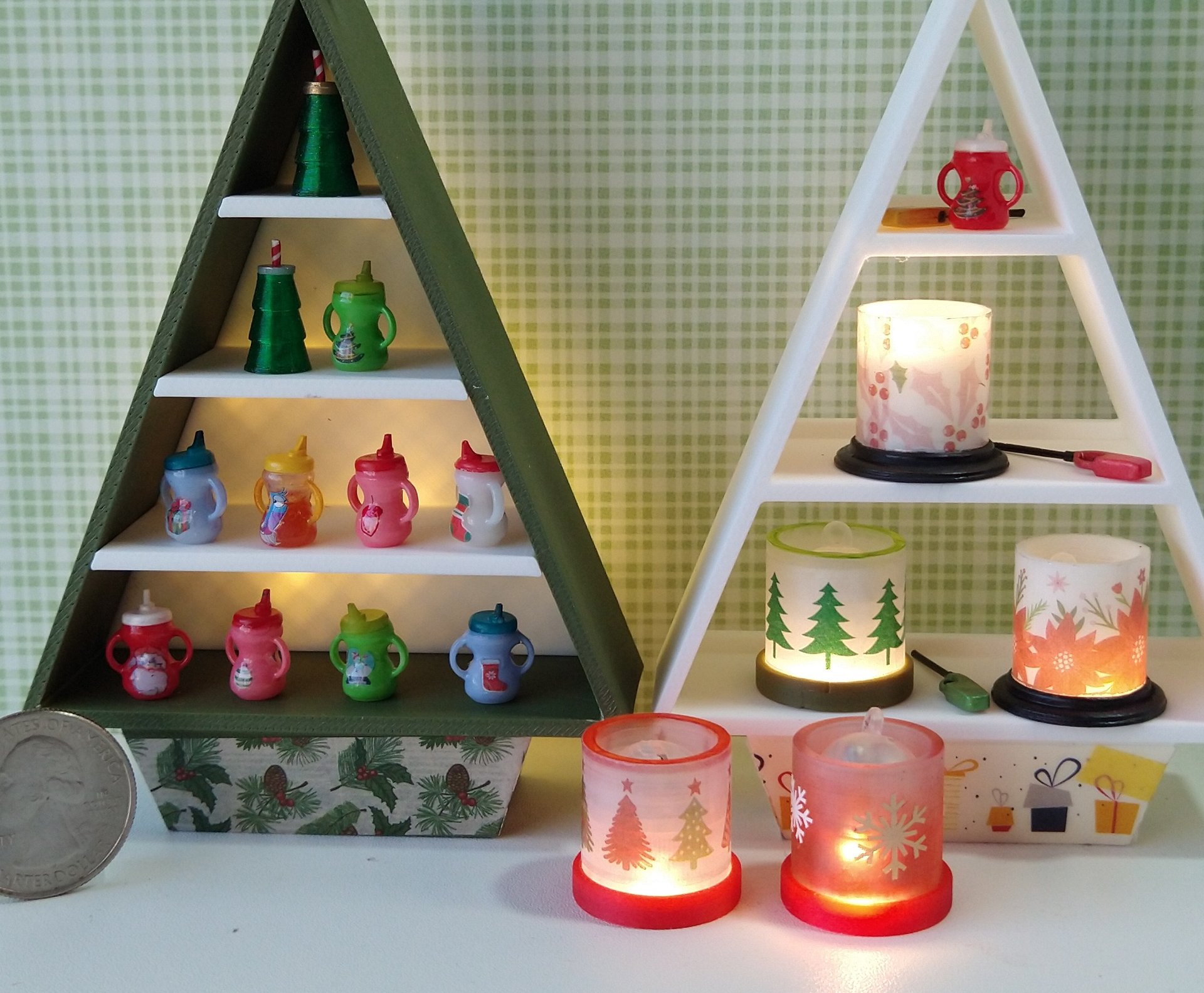 1:12 Dollhouse miniature fall candle sleeve or battery lighted candle holder REF Green Christmas trees