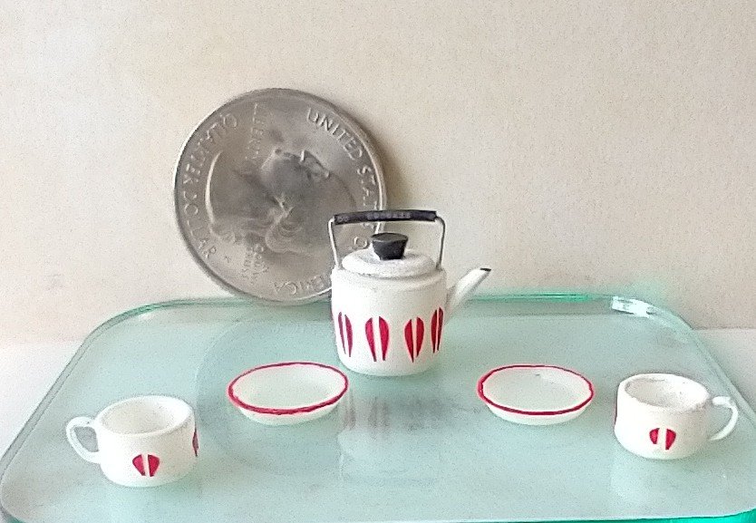 1:12 Dollhouse white teapot and cups set Mid-century modern themed tea set of the 70s MCM teapot set