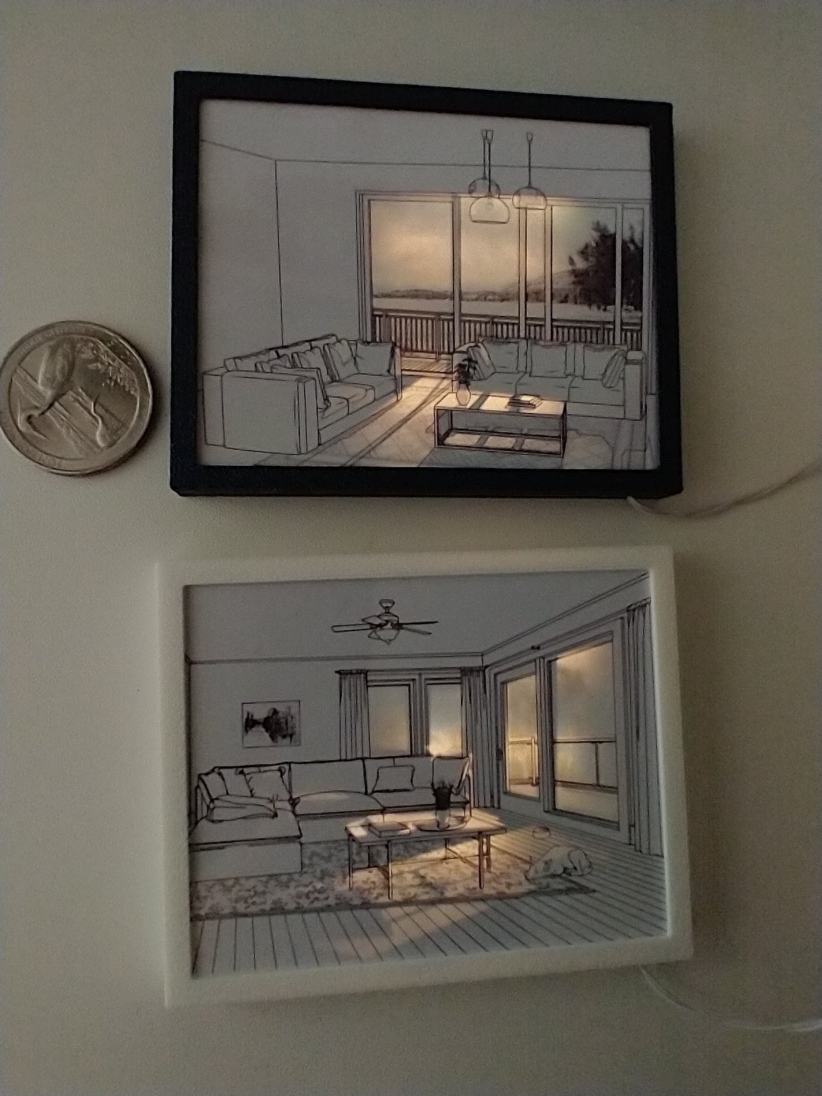 1:12 scale dollhouse light box painting or battery powered light and shadows painting REF White frame + ceiling fan