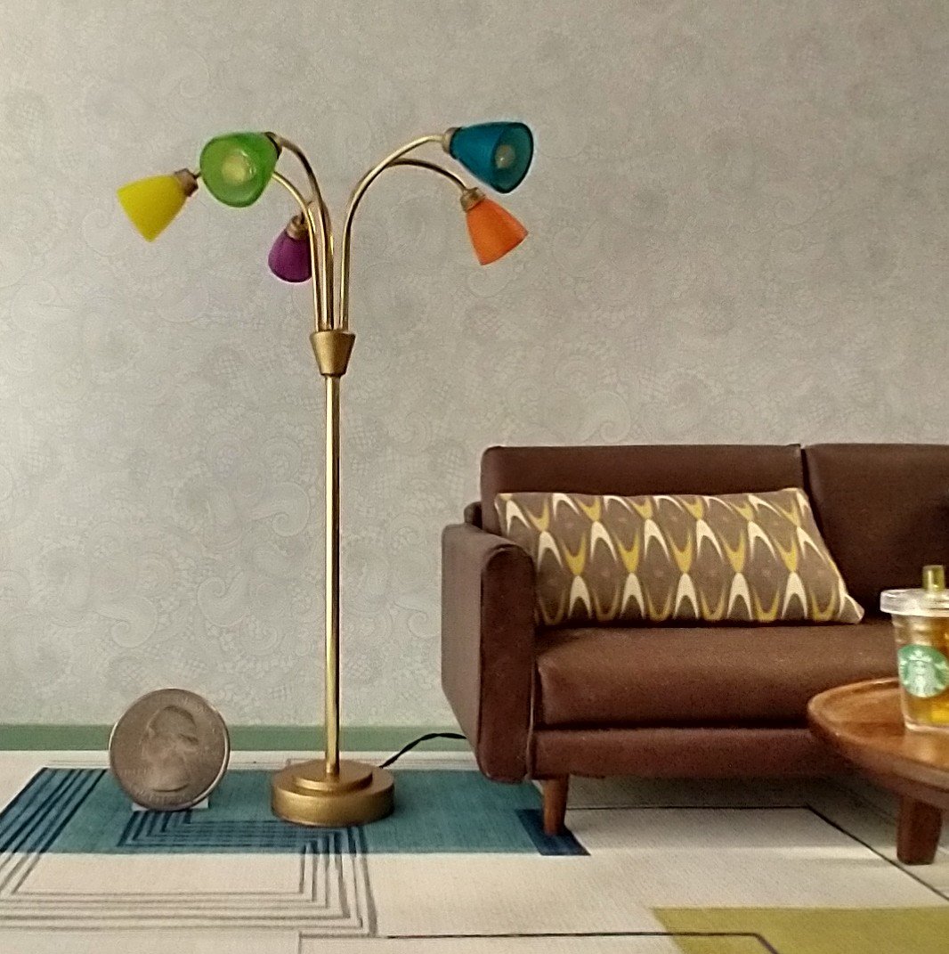1:12 scale dollhouse mid-century style 5-arm floor lamp with shades in multiple colors