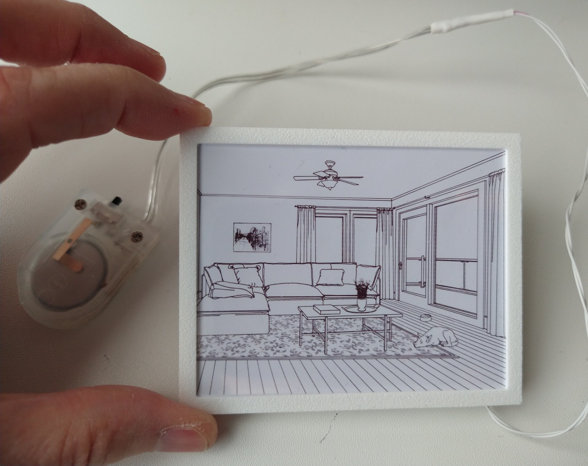 1:12 scale dollhouse light box painting or battery powered light and shadows painting REF White frame + ceiling fan