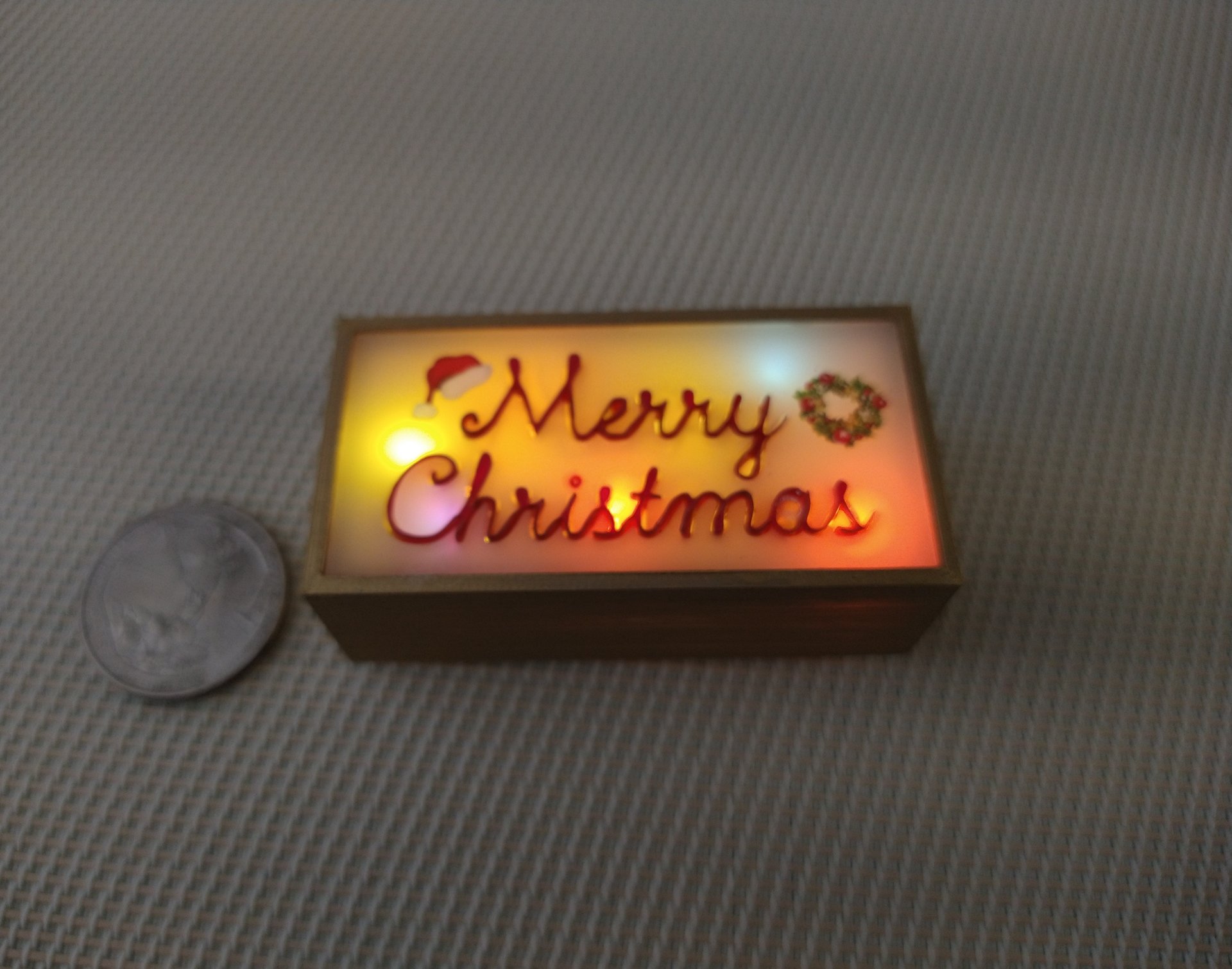 1:12 Dollhouse Merry Christmas light box Battery operated holiday light box with non-blinking color LEDs and no external wires REF Red text