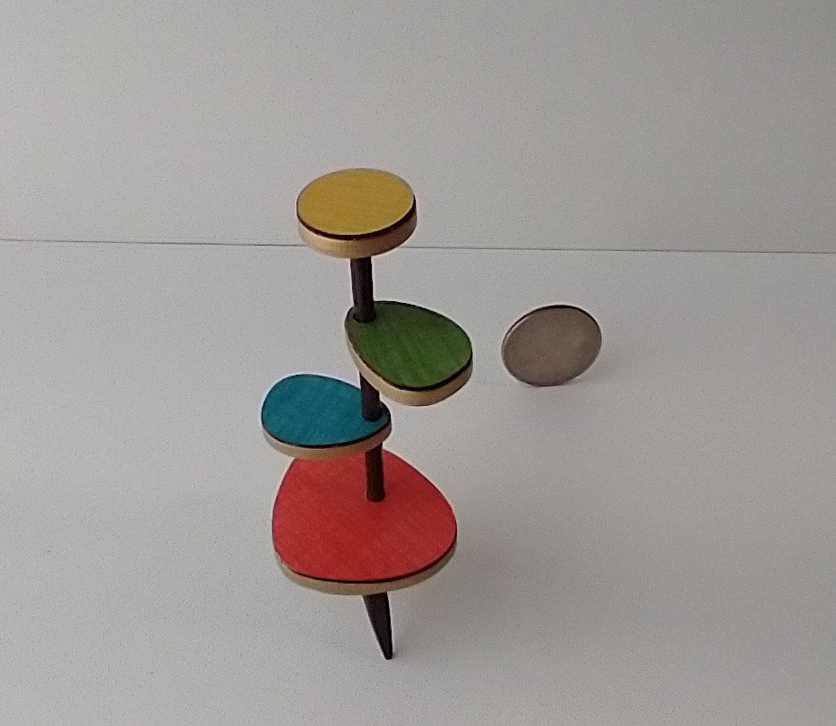 1:12 Dollhouse mid-century style plant stand inspired by Formica 4-tier plant stand with tapered legs REF Loweest coral red platform