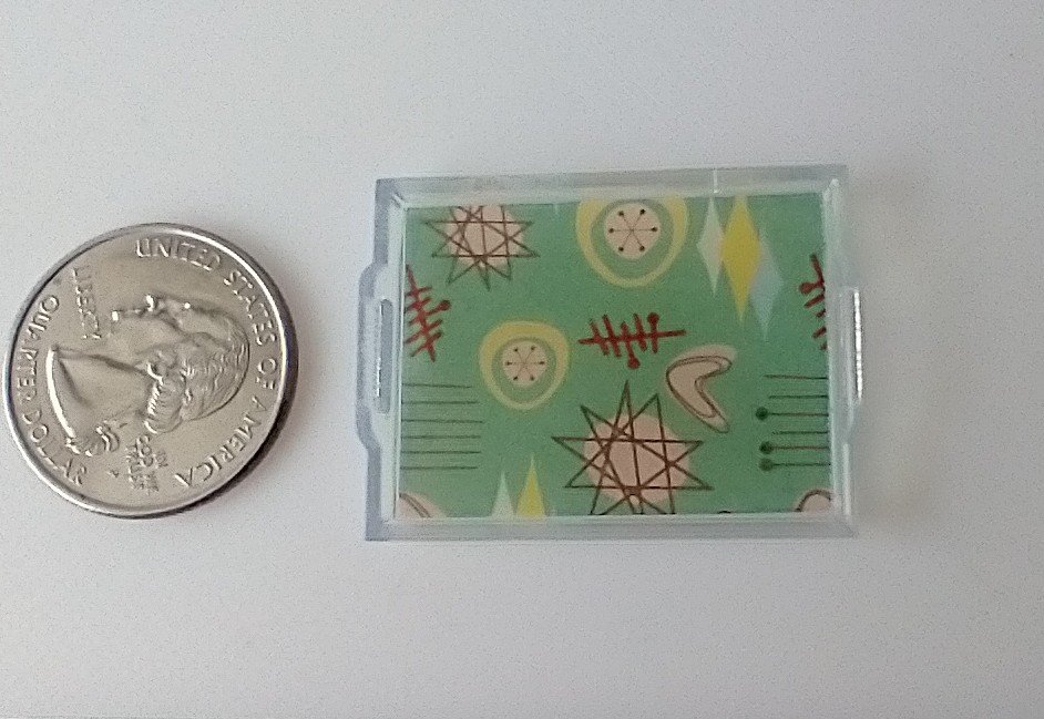 1:12 scale rectangular serving tray with MCM atomic themed graphics and two handles REF Green