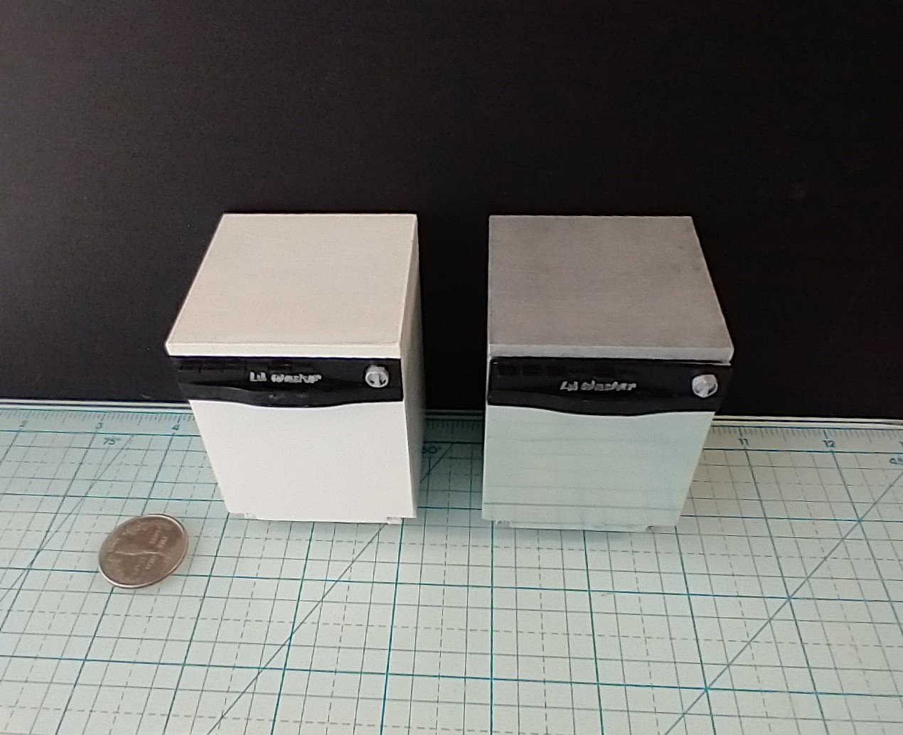 1:12 Dollhouse dishwasher with two slide out racks one flatware basket and detergent holder and hinged door REF White