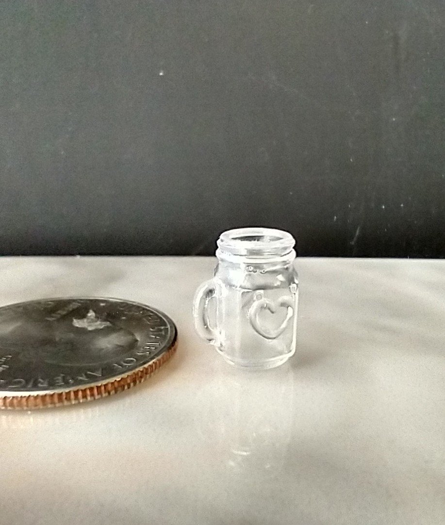 1:12 Dollhouse miniature mason jar inspired drinkware with handle Ready for DIY drink  REF Embossed hearts Price is for EACH