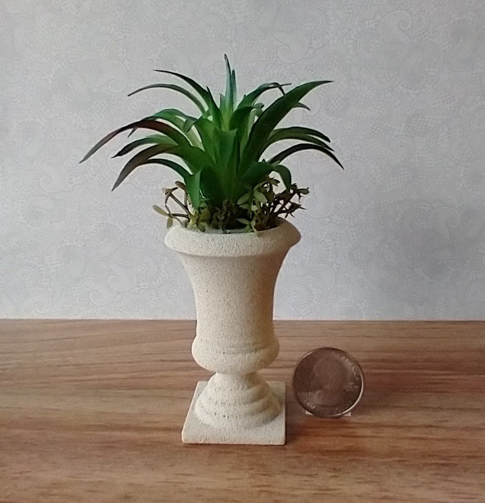 1:12 Dollhouse miniature faux limestone planter with green plant and undergrowth