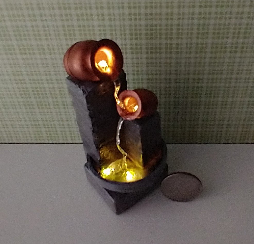 1:12 Dollhouse miniature lighted fountain in stone finish Battery lighted mini fountain for dollhouse garden or patio No external wires Pet not included