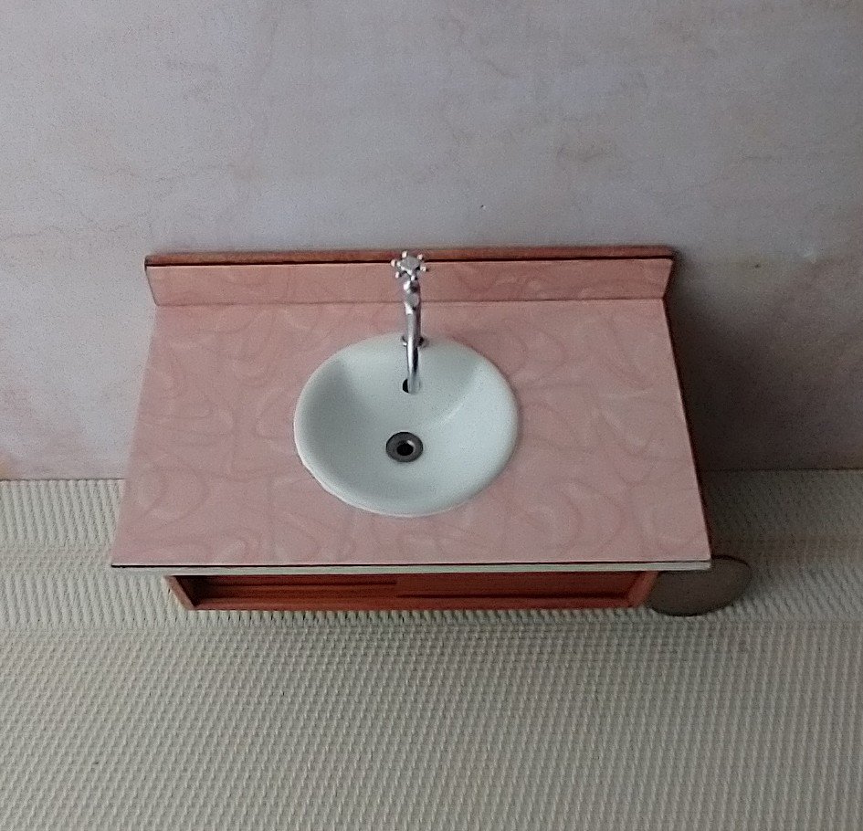 1:12 Dollhouse mid-century styled bath single sink vanity cabinet Angled cabinet undermount sink with backsplash and sliding doors