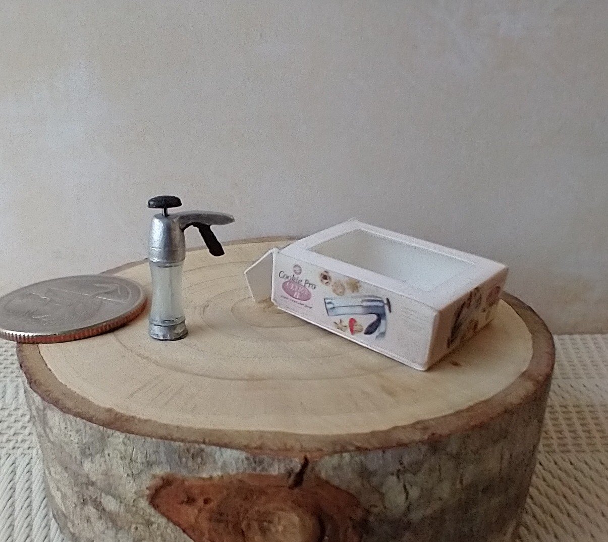 1:12 Dollhouse miniature cookie press and discs set in packaging box with clear front window Boxed spritz cookie press Price is for EACH set