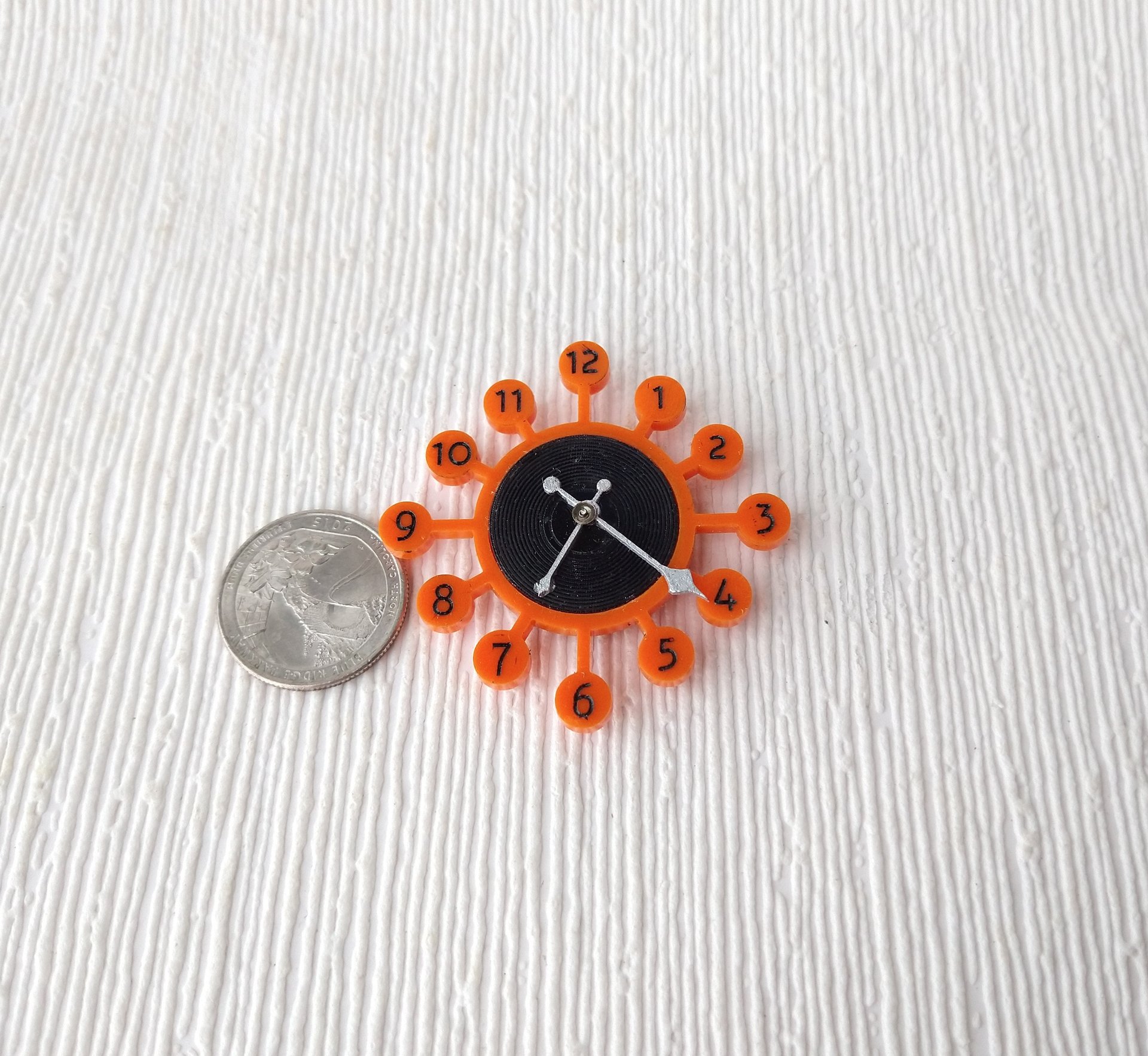 1:12 Dollhouse orange sunburst wall clock with black vinyl record clock face Mid-century styled wall clock