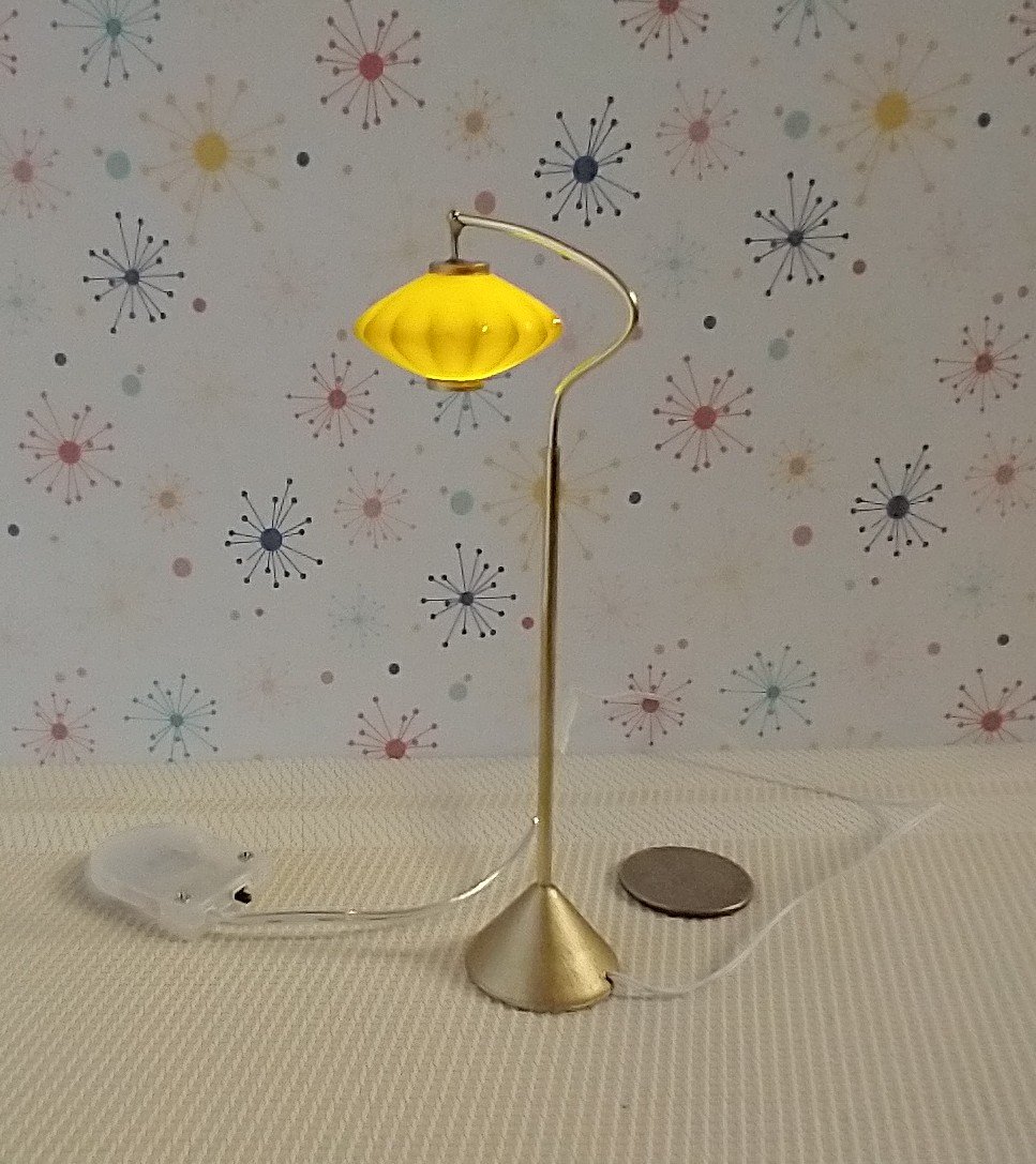 1:12 scale dollhouse mid-century style  cocoon floor lamp Inspired by a vintage Scandinavian design of the 50s Battery operated MCM lamp with external wires REF Curved post