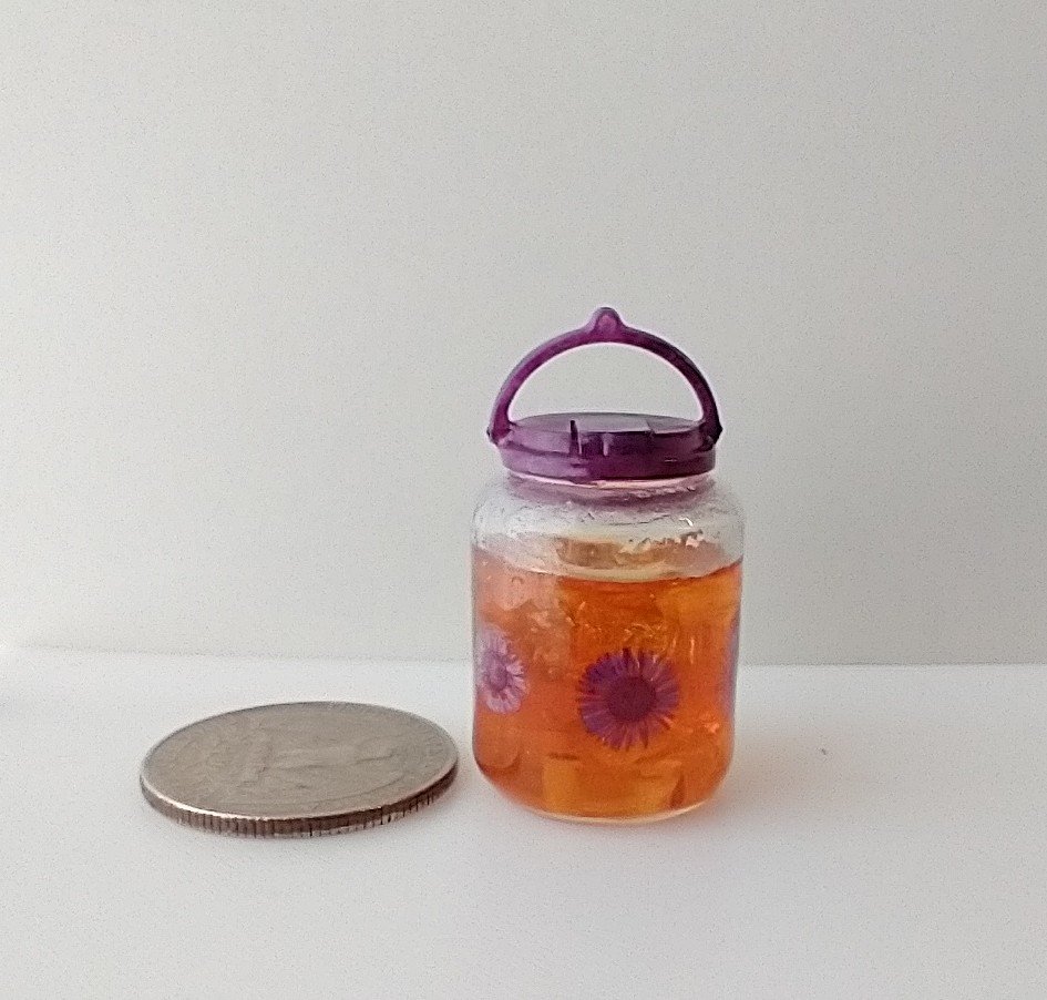1:12 Dollhouse miniature large tea jar filled with faux tea and ice cubes REF Purple lidded