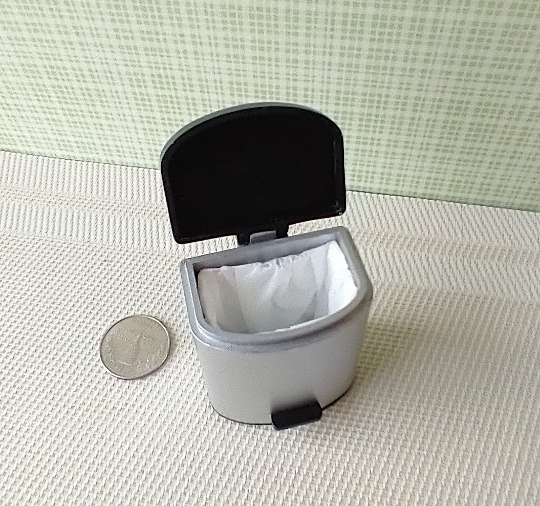 1:12 Dollhouse kitchen trash can in silvery finish with black pedal hinged black lid Modern styled trash can Kitchen garbage can
