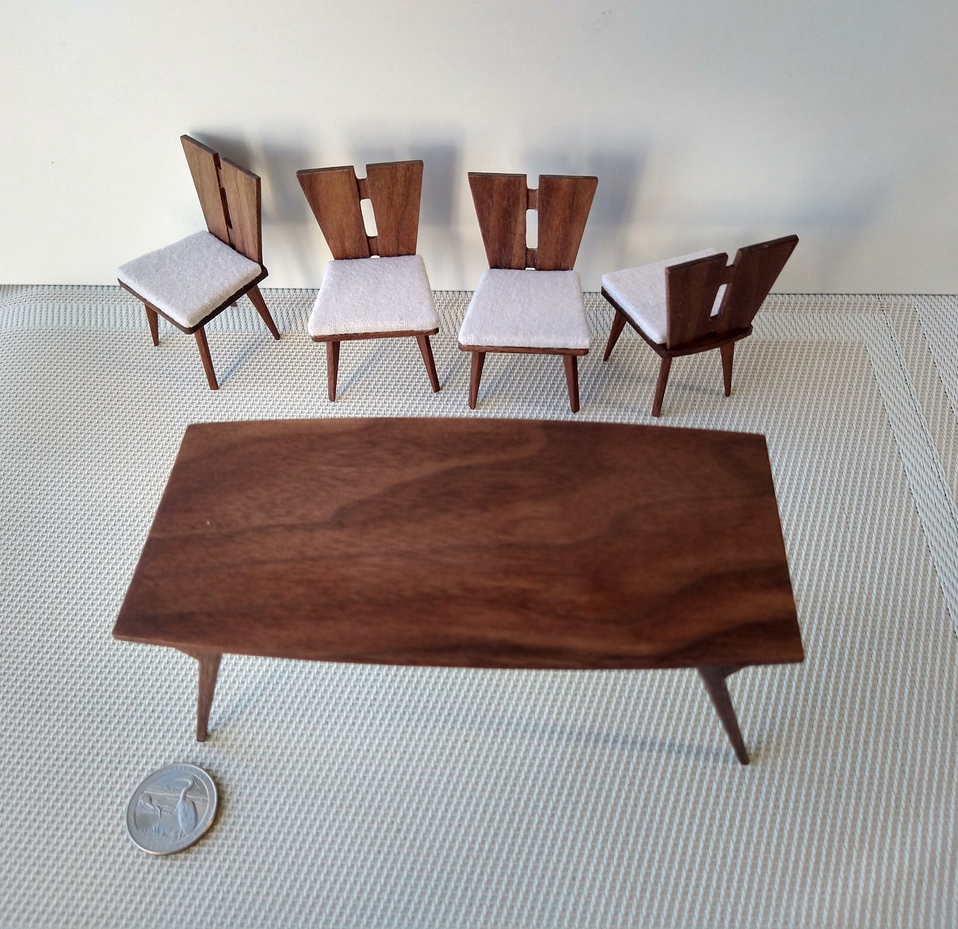 1:12 Dollhouse dining table and four chairs set in solid walnut Mid-century styled dining set