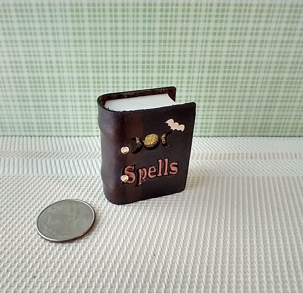 Mini leather bound book of spells Battery lighted Halloween spell book Halloween decor REF Thick brown leather
