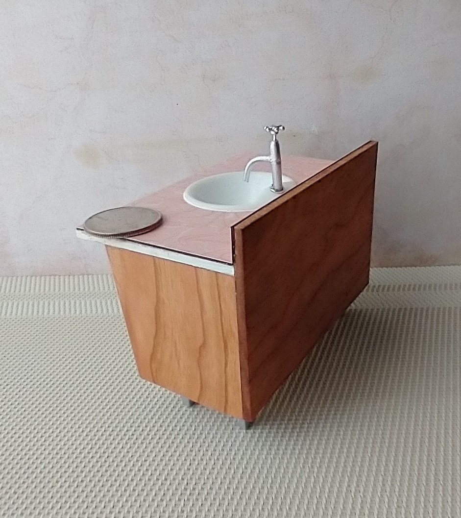 1:12 Dollhouse mid-century styled bath single sink vanity cabinet Angled cabinet undermount sink with backsplash and sliding doors