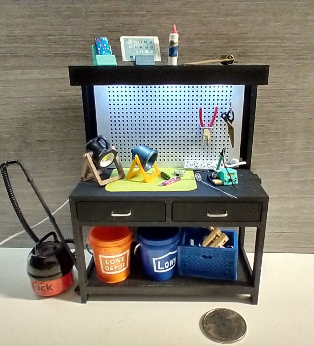 1:12 dollhouse black work bench with pegboard AND built-in battery operated light and two working drawers