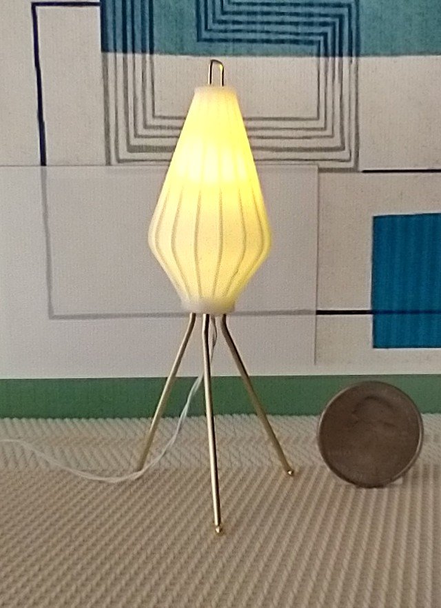 1:12 scale dollhouse mid-century modern tripod floor lamp Inspired by the 60s cocoon floor lamp Battery operated MCM lamp with external wires