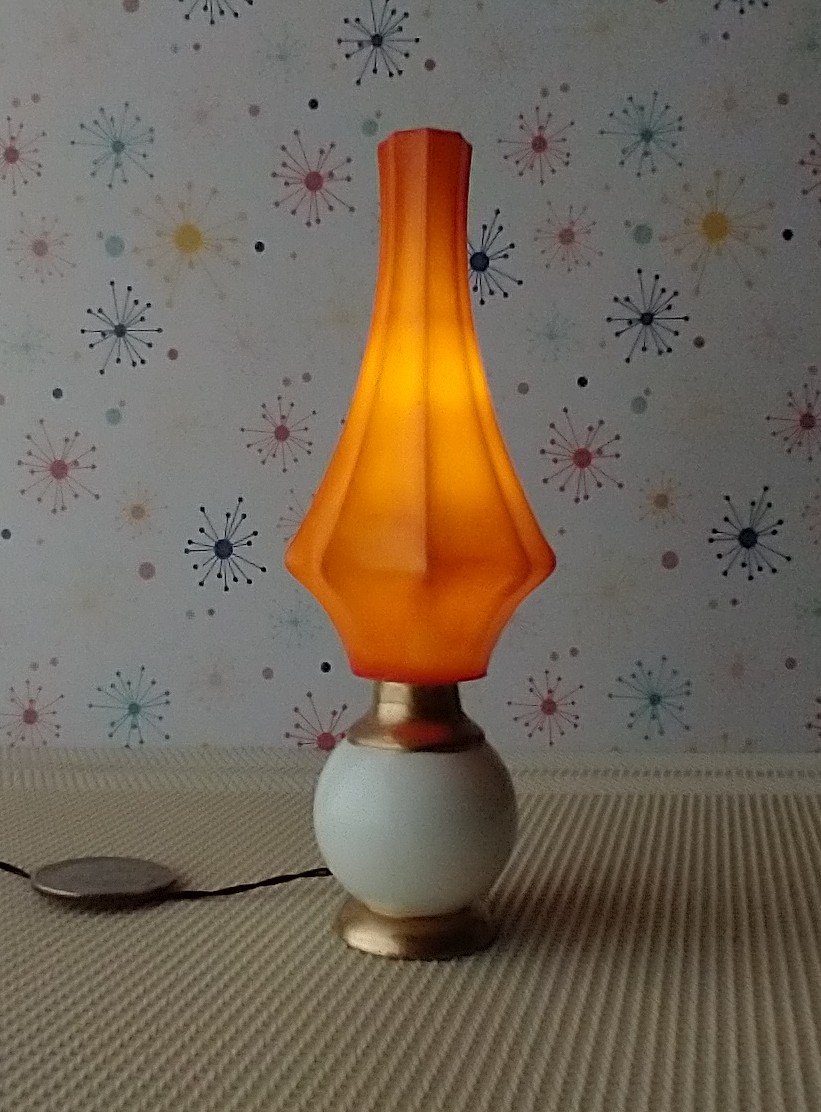 RESERVED 1:12 scale dollhouse mid-century style  large floor lamp orange cocoon Battery operated MCM lamp with external wires REF Large cocoon