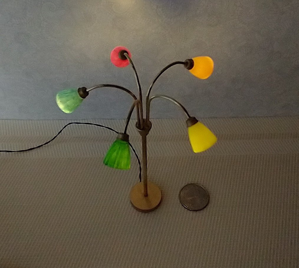 RESERVED 1:12 scale dollhouse mid-century style 5-arm floor lamp with shades in multiple colors Battery operated dollhouse lamp with external wires