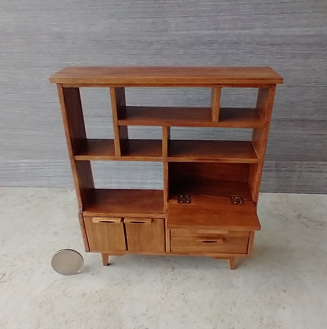 1:12 scale dollhouse mid-century modern wall unit room divider in cherry wood MCM display / book case with flip down door hinged doors working drawers